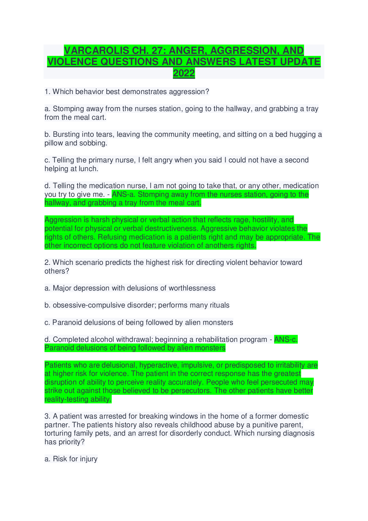 Preview of VARCAROLIS CH. 27: ANGER, AGGRESSION, AND  VIOLENCE QUESTIONS AND ANSWERS LATEST UPDATE  2